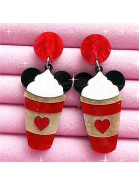 Mouse Ears Coffee Valentine's Day Acrylic Earrings with Backing